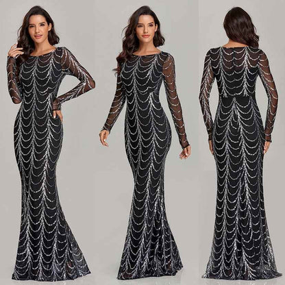 Women’s Long Sleeve Sequin Party Dress shown front-on on model — Fifi London Winter collection