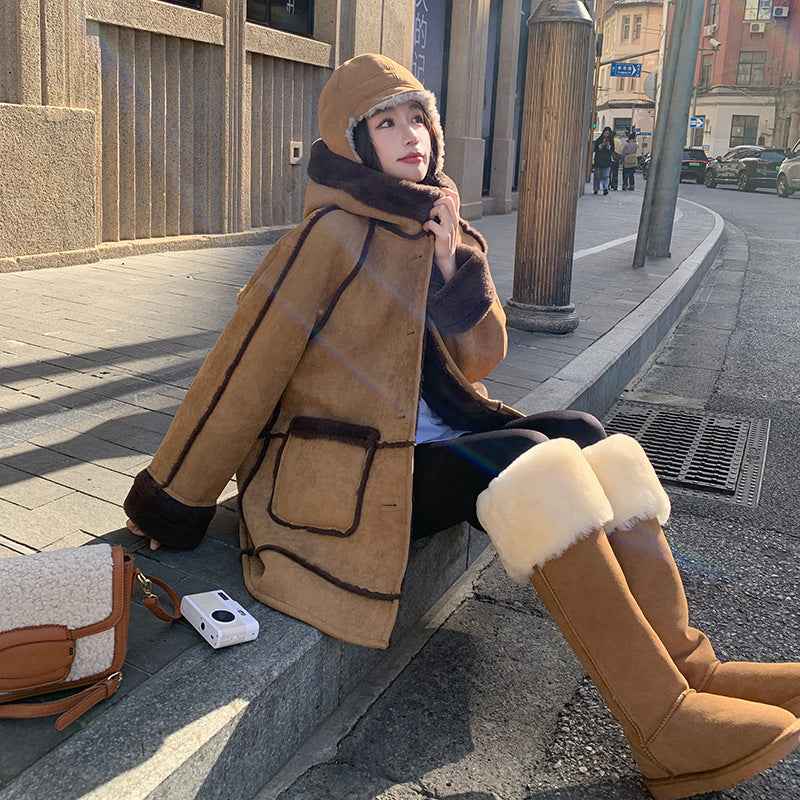 Women’s Faux Fur Winter Coat shown front-on on model — Fifi London Winter collection