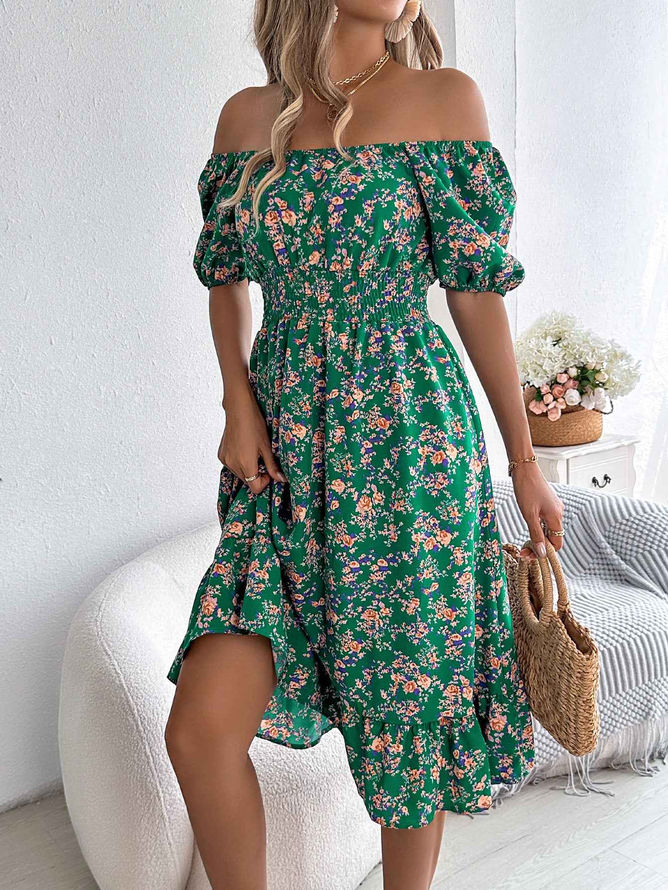 Floral Print Square Ruffles Dress