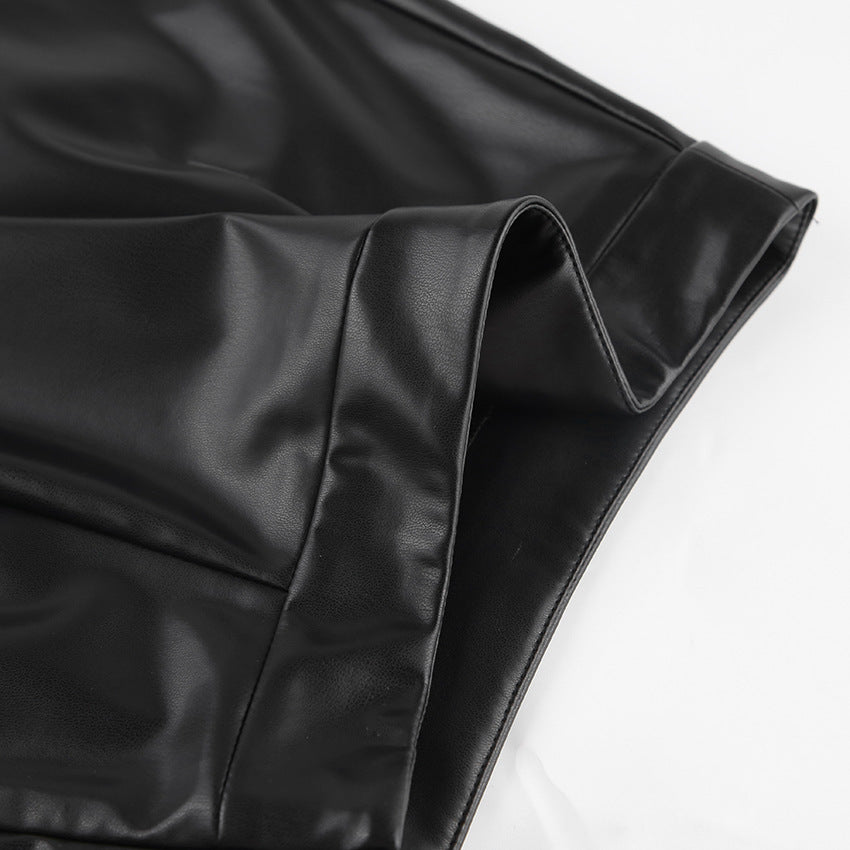 Slit Leather Sexy Mid-Length Skirt High Waist Skirt shown front-on on model — Fifi London Autumn collection
