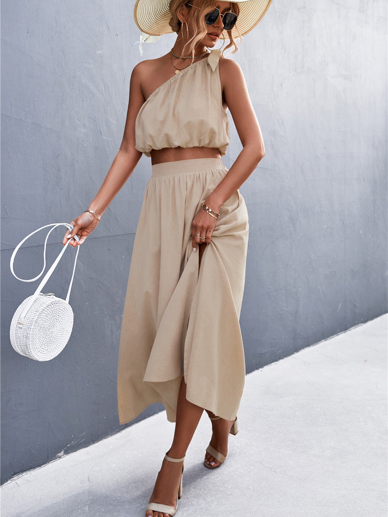 Sexy Oblique Shoulder Lace-Up Vest Slit Midi Skirt Suit shown front-on on model — Fifi London Summer collection