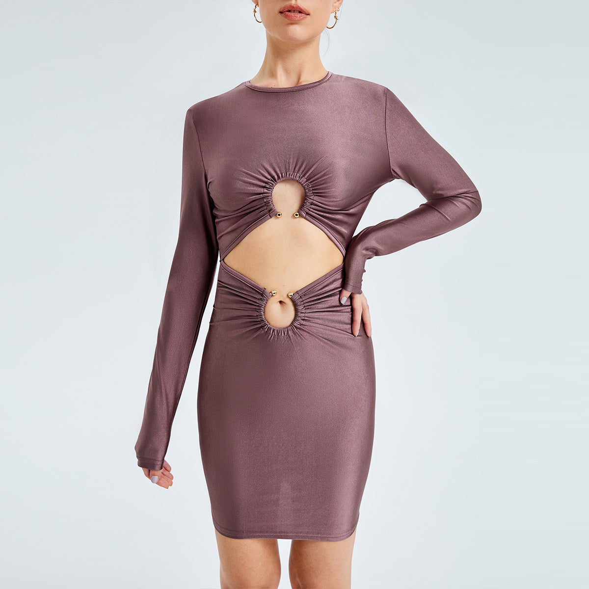 Sexy Cut-Out Round Neck Long Sleeve Mini Dress shown front-on on model — Fifi London Summer collection