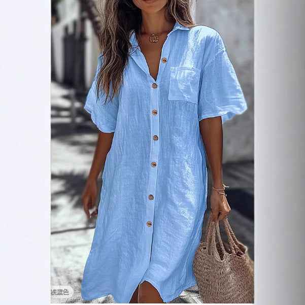 Casual Solid Shirt Dress Lady Fashion Short Sleeve Button Loose Dresses Women Elegant Office Skirt Womens Clothing Summer