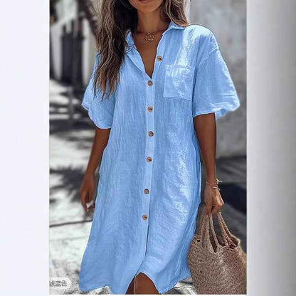 Casual Solid Shirt Dress Lady Fashion Short Sleeve Button Loose Dresses Women Elegant Office Skirt Womens Clothing Summer