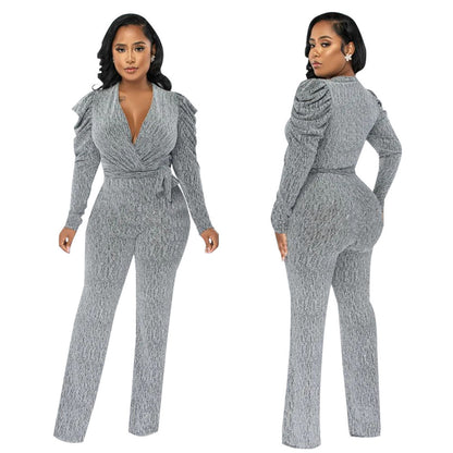 Sexy Waist Trimming V-Neck Puff Sleeve Glossy Knitted Jumpsuit shown front-on on model — Fifi London Autumn collection