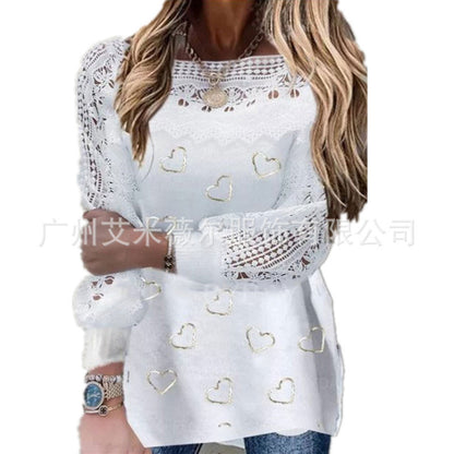 Printed Sexy Lace Thick Long-Sleeved T-Shirt Knitted Sweater shown front-on on model — Fifi London Autumn collection