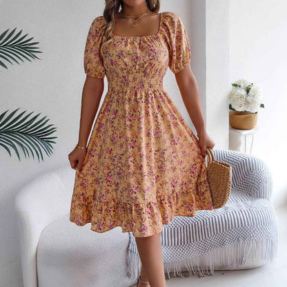 Floral Print Square Ruffles Dress