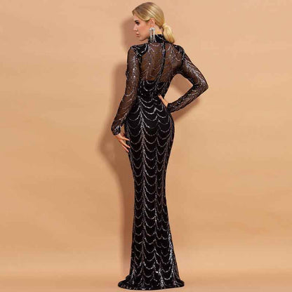Women’s Long Sleeve Sequin Party Dress shown front-on on model — Fifi London Winter collection