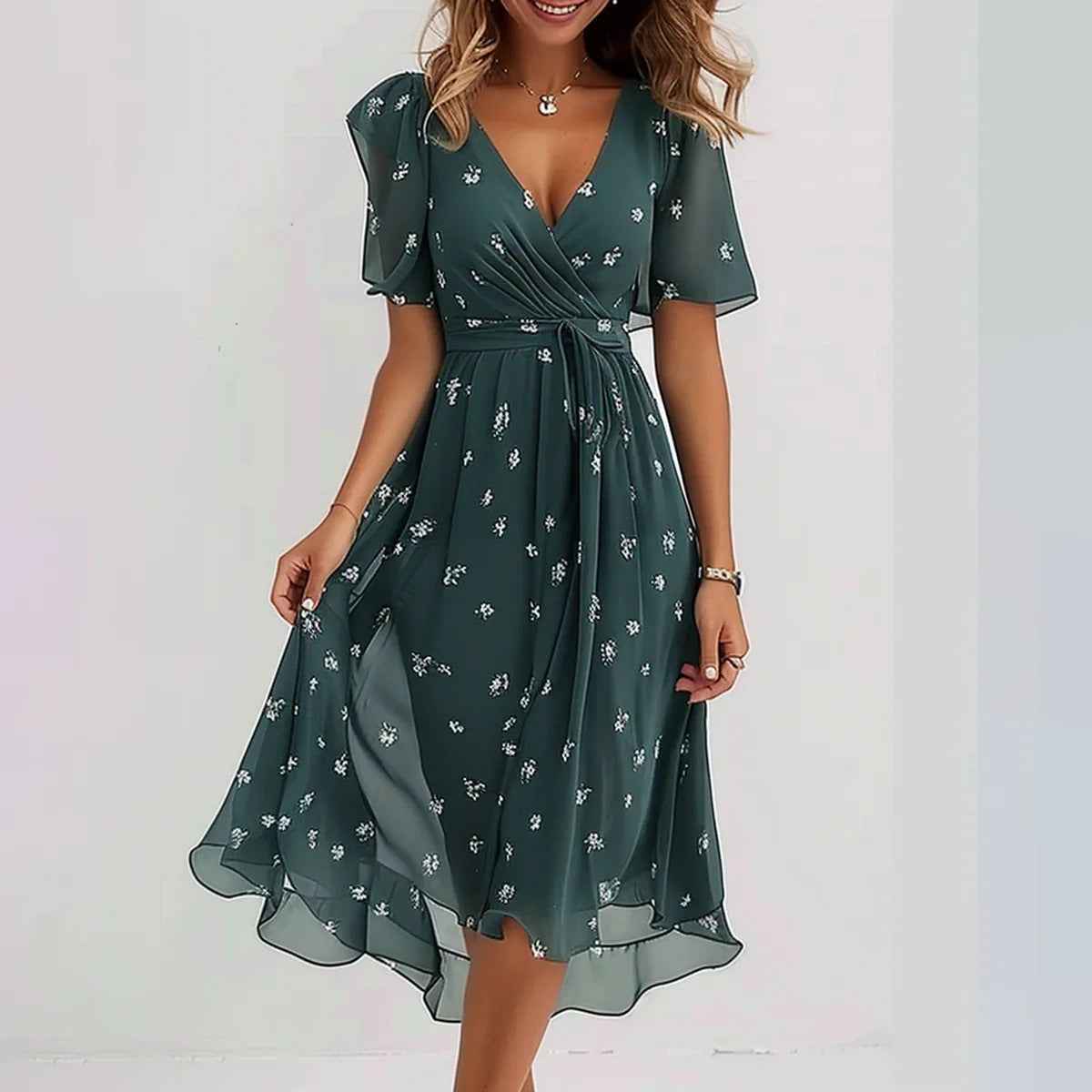 Chiffon printed V-neck dress