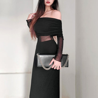 Women’s Winter Sexy Off-the-Shoulder Pleated Long Sleeve Polyester Dress shown front-on on model — Fifi London Winter collection