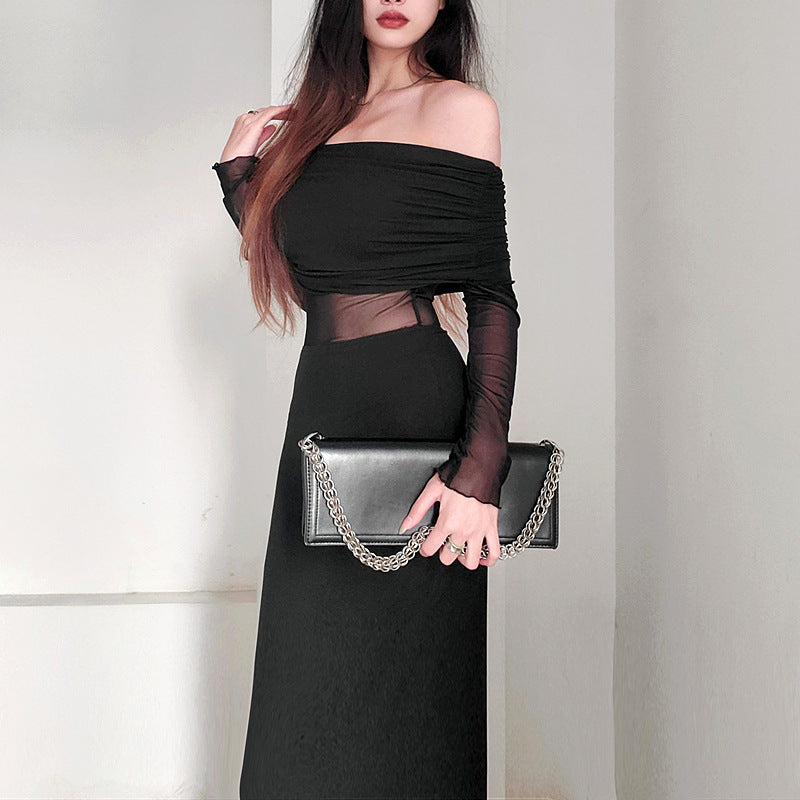 Women’s Winter Sexy Off-the-Shoulder Pleated Long Sleeve Polyester Dress shown front-on on model — Fifi London Winter collection