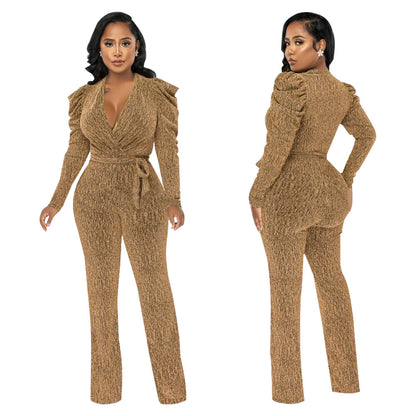 Sexy Waist Trimming V-Neck Puff Sleeve Glossy Knitted Jumpsuit shown front-on on model — Fifi London Autumn collection