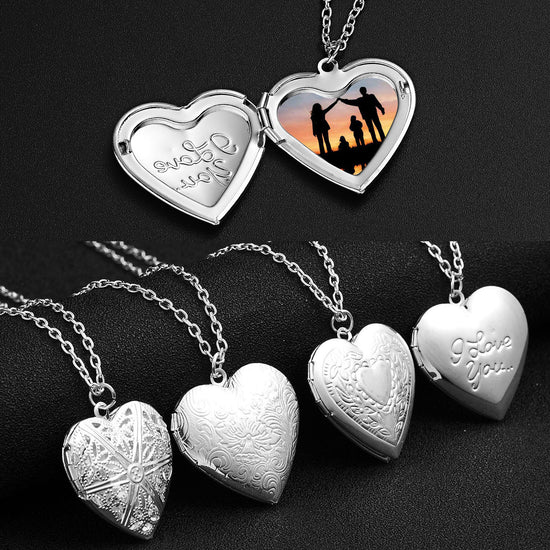 carved design love necklace, personalized heart-shaped necklace, photo frame pendant necklace, heart-shaped photo necklace for women, family jewelry for Valentine&