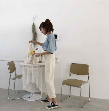 Cropped Jeans Female High-waisted All-match Casual Curling Straight Leg Pants shown front-on on model — Fifi London Summer collection