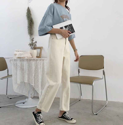 Cropped Jeans Female High-waisted All-match Casual Curling Straight Leg Pants shown front-on on model — Fifi London Summer collection