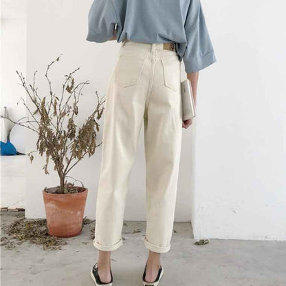 Cropped Jeans Female High-waisted All-match Casual Curling Straight Leg Pants shown front-on on model — Fifi London Summer collection