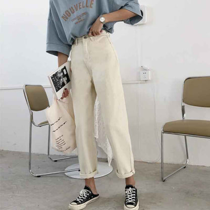 Cropped Jeans Female High-waisted All-match Casual Curling Straight Leg Pants shown front-on on model — Fifi London Summer collection