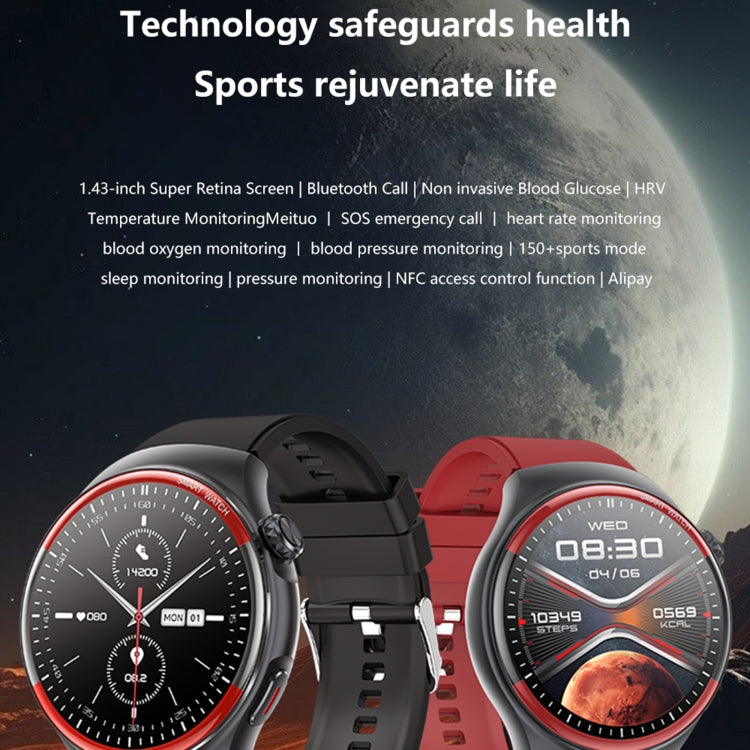 T82 1.43 inch Round Screen BT Call Smart Watch, Heart Rate / Blood Pressure / Blood Oxygen / Sleep / Blood Sugar / HRV / Metope / SOS, Silicone Black, Silicone Red, Silicone Blue, Leather Brown, Leather Black, Stainless Steel Black