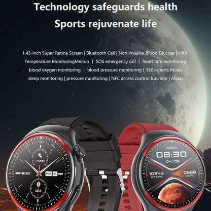 T82 1.43 inch Round Screen BT Call Smart Watch, Heart Rate / Blood Pressure / Blood Oxygen / Sleep / Blood Sugar / HRV / Metope / SOS, Silicone Black, Silicone Red, Silicone Blue, Leather Brown, Leather Black, Stainless Steel Black - FIFI LONDON