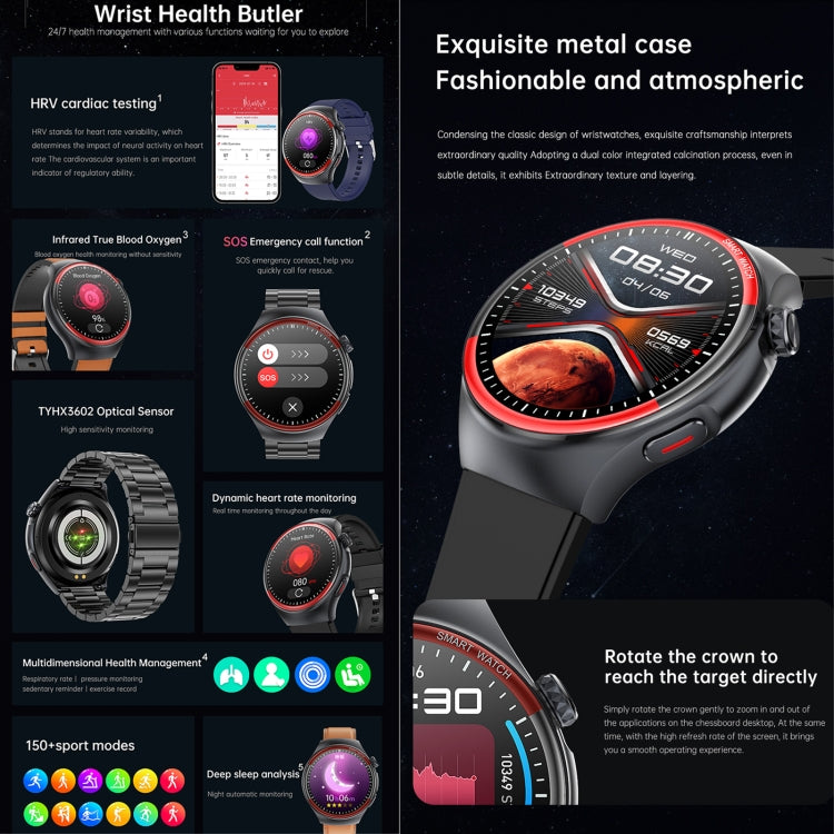 T82 1.43 inch Round Screen BT Call Smart Watch, Heart Rate / Blood Pressure / Blood Oxygen / Sleep / Blood Sugar / HRV / Metope / SOS, Silicone Black, Silicone Red, Silicone Blue, Leather Brown, Leather Black, Stainless Steel Black - FIFI LONDON