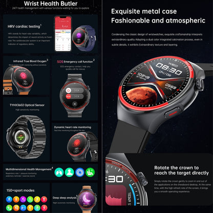 T82 1.43 inch Round Screen BT Call Smart Watch, Heart Rate / Blood Pressure / Blood Oxygen / Sleep / Blood Sugar / HRV / Metope / SOS, Silicone Black, Silicone Red, Silicone Blue, Leather Brown, Leather Black, Stainless Steel Black - FIFI LONDON