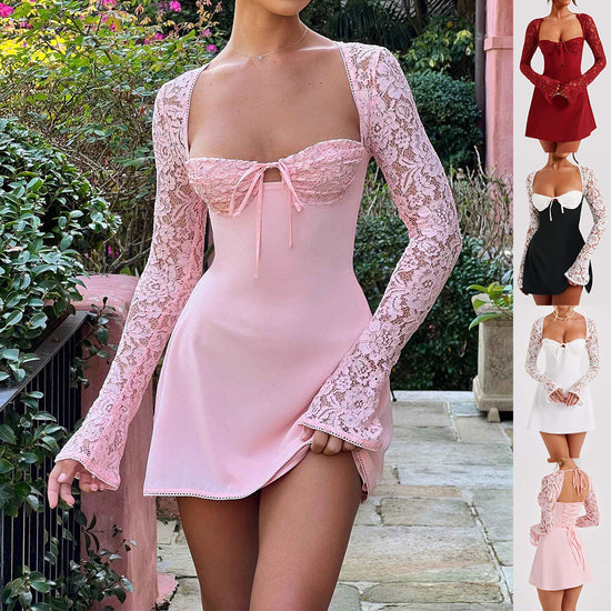Unique design, stylish and beautiful. Good material, comfortable wear. A variety of colors, any choice. Product information: Fabric name: lace Main fabric composition: lace Style type: temperament commute Skirt length: short skirt Sleeve length: long sleeve Skirt Category: Dress Style: Elegant style Fashion Corset Lace Long Sleeve Dress, Sexy Y2K Backless Lace Up Short Dresses, Women&