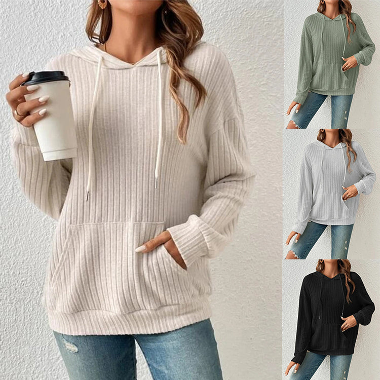 Fashion Drawstring Long-Sleeved Hoodie, Hooded Sweatshirt with Pockets, Solid Sunken Stripe Hoodie, Knitwear for Women, Stylish Hooded Knitwear, Long-Sleeved Women&