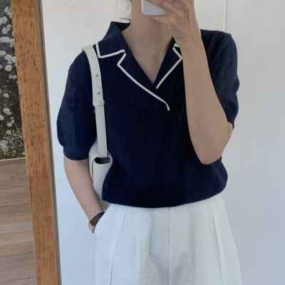 Lapel Pullover Sweater Women Short Sleeves