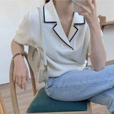 Lapel Pullover Sweater Women Short Sleeves