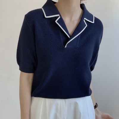 Lapel Pullover Sweater Women Short Sleeves