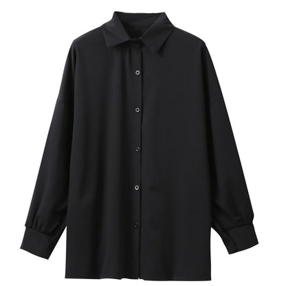 Women's Loose Long Sleeve Lapel Shirt shown front-on on mannequin — white solid colour, button front, voluminous sleeves — Fifi London Autumn collection
