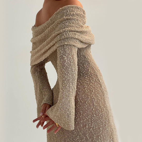 New One-shoulder Knitted Long-sleeved Dress, Sexy Beach Holiday Long Dresses, Women&