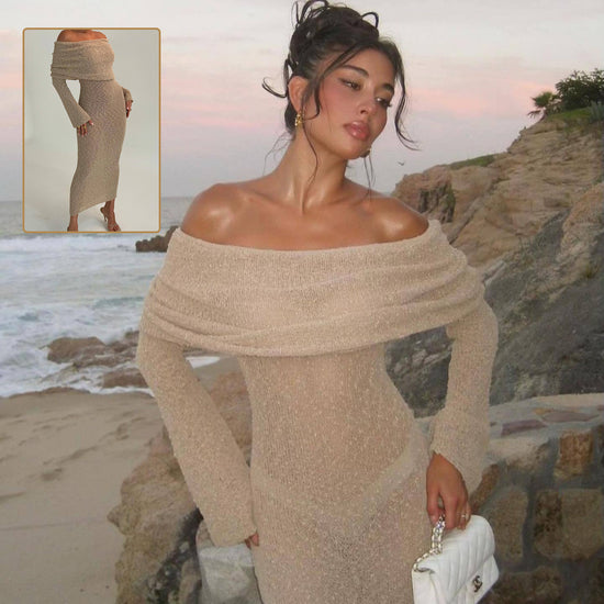 New One-shoulder Knitted Long-sleeved Dress, Sexy Beach Holiday Long Dresses, Women&