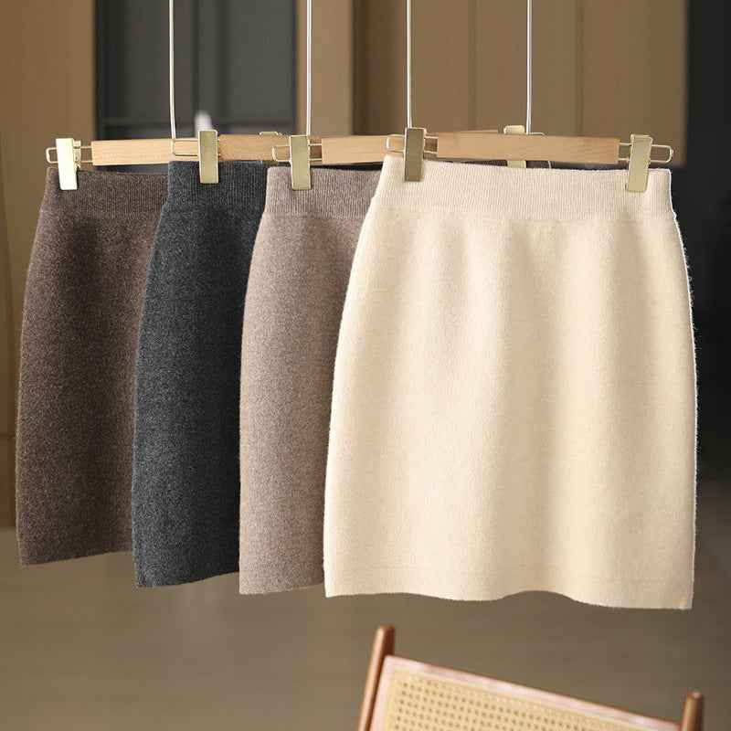 Women’s Bags Body Little Short Dress Pure Wool Knit Skirt shown front-on on model — Fifi London Autumn collection