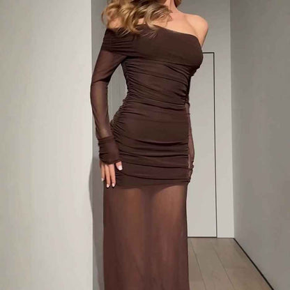 Women’s Off Shoulder Pleated Mesh Elegant Pleated Dress shown front-on on model — Fifi London Spring collection