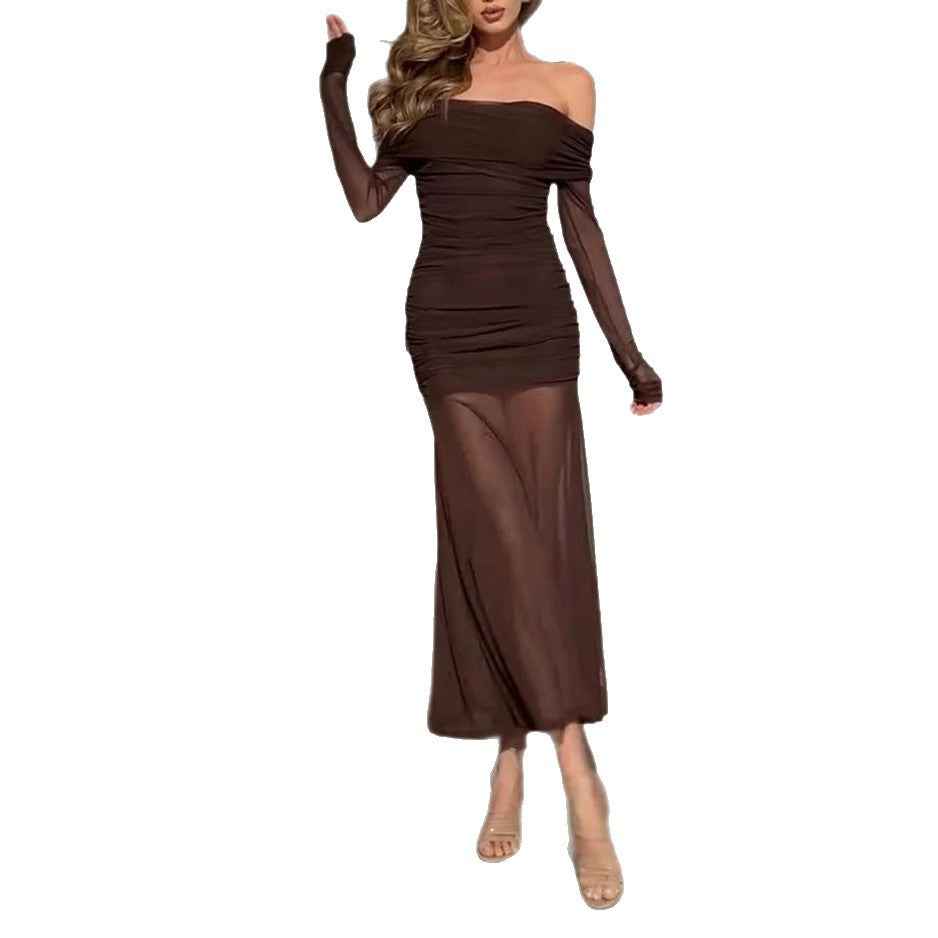 Women’s Off Shoulder Pleated Mesh Elegant Pleated Dress shown front-on on model — Fifi London Spring collection