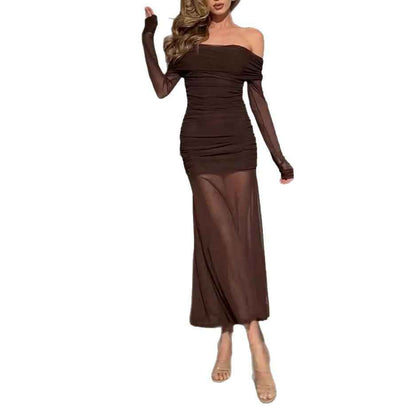 Women’s Off Shoulder Pleated Mesh Elegant Pleated Dress shown front-on on model — Fifi London Spring collection