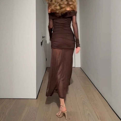 Women’s Off Shoulder Pleated Mesh Elegant Pleated Dress shown front-on on model — Fifi London Spring collection