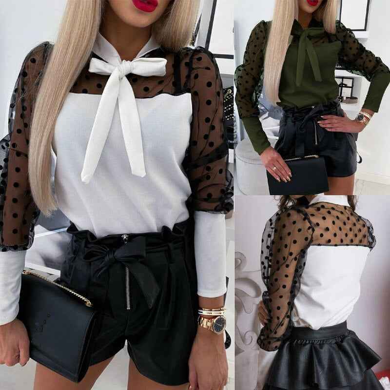 polka dot lace blouse

lace-up women’s shirt

romantic lace top

vintage polka dot shirt

tie-front sheer blouse

women’s dressy top

feminine polka dot top