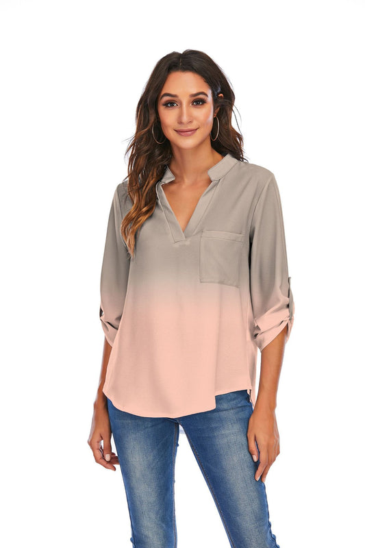 Women's gradient print V-neck loose blouse with pocket