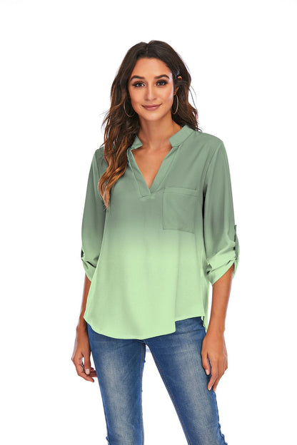 Women's gradient print V-neck loose blouse with pocket