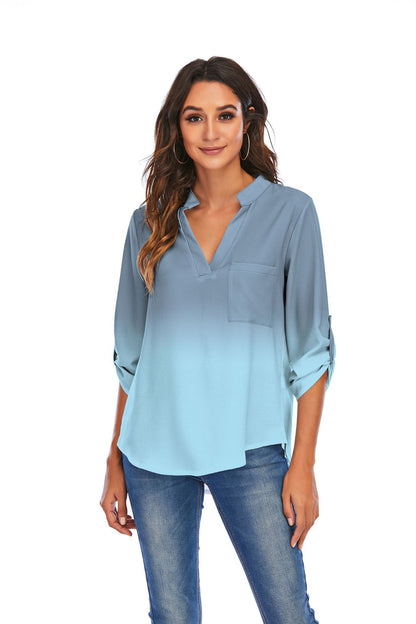 Women's gradient print V-neck loose blouse with pocket
