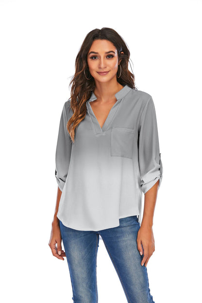 Women's gradient print V-neck loose blouse with pocket
