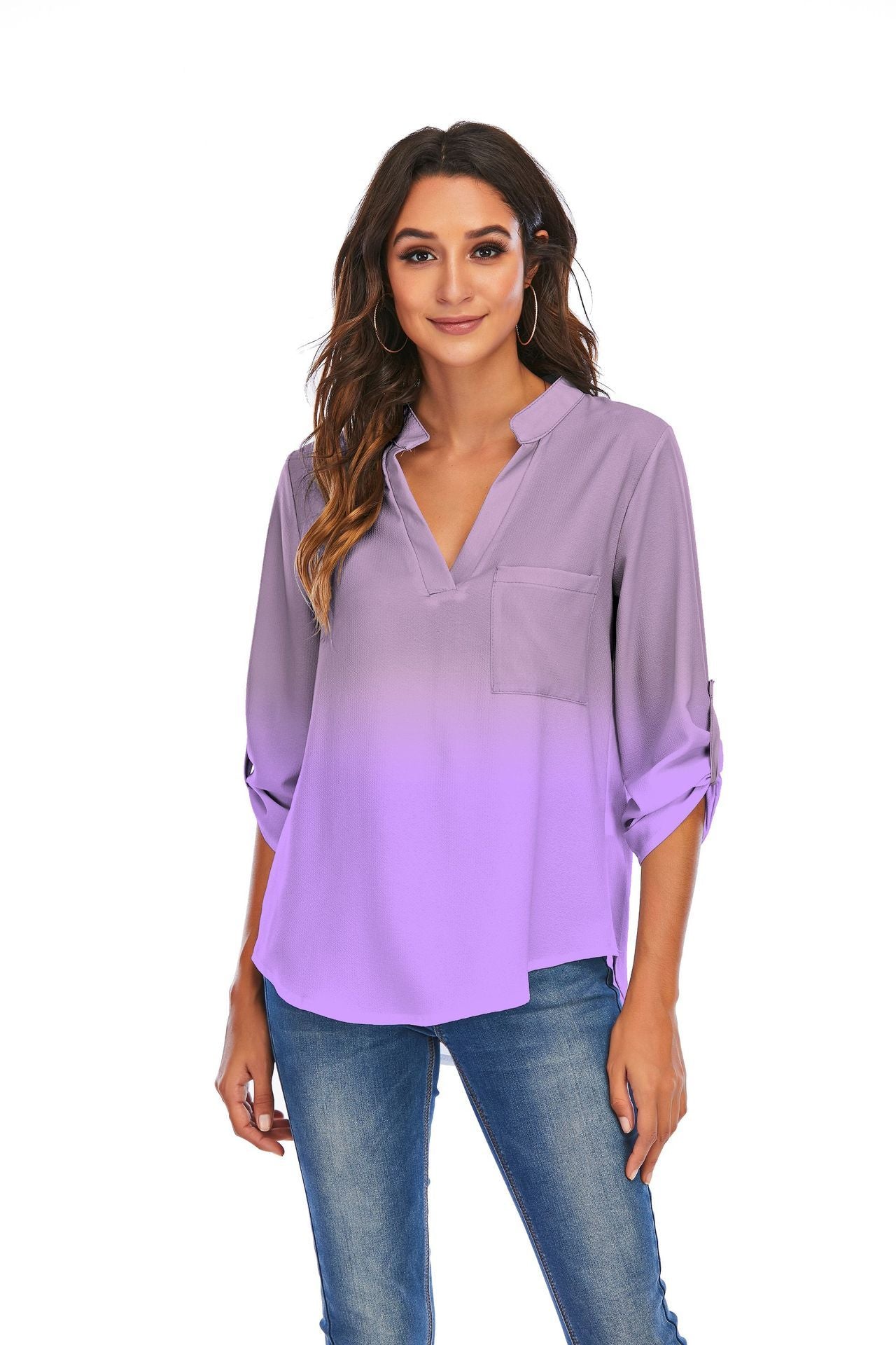 Women's gradient print V-neck loose blouse with pocket