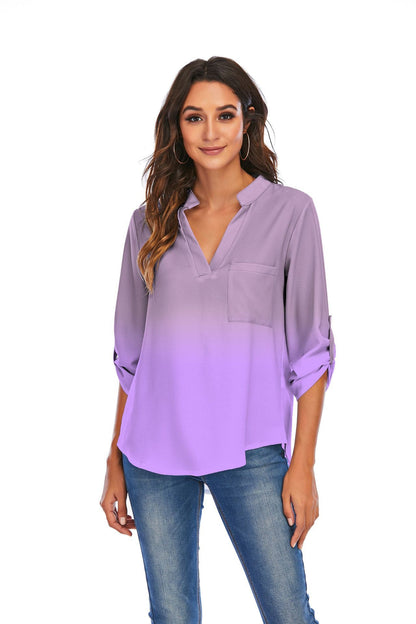Women's gradient print V-neck loose blouse with pocket