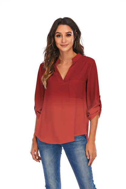 Women's gradient print V-neck loose blouse with pocket