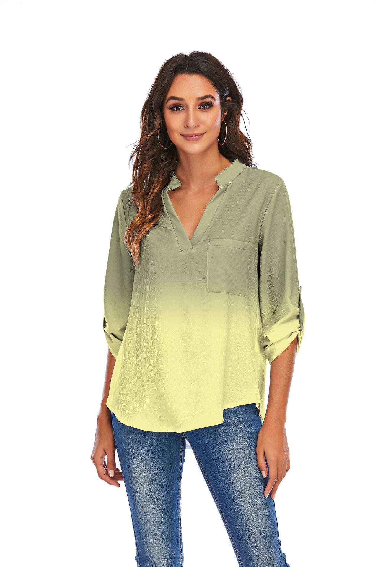 Women's gradient print V-neck loose blouse with pocket