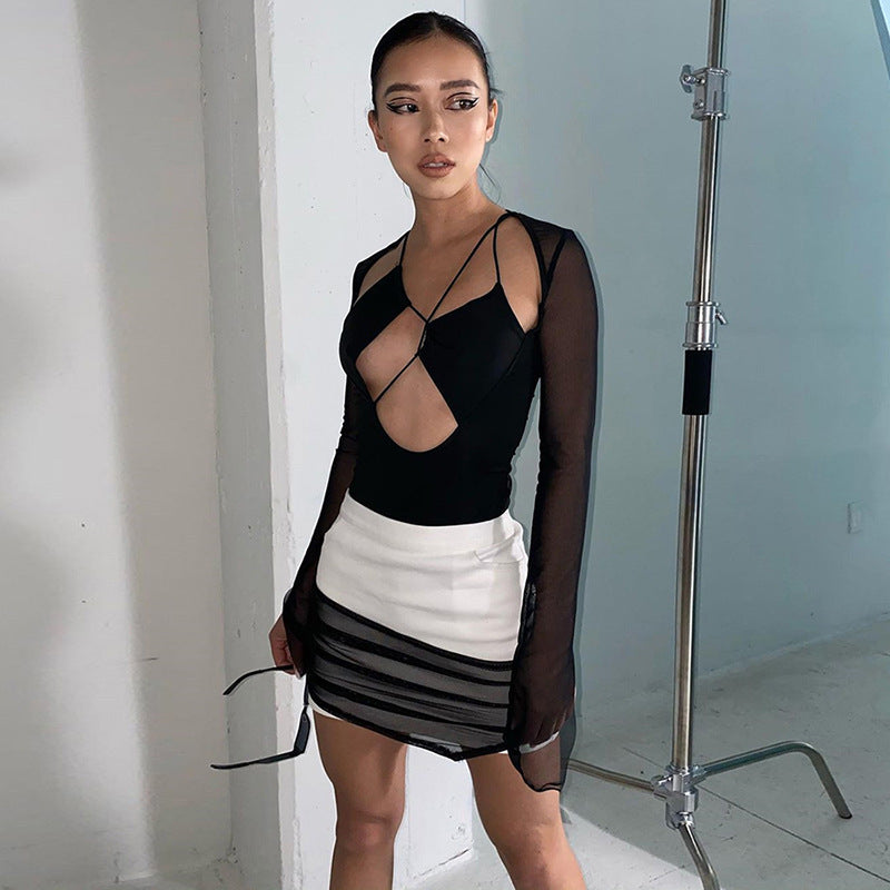 long sleeve cutout bodysuit

slim fit panel bodysuit

solid color bodysuit

sexy clubwear one-piece

women’s stretchy bodysuit

black cutout top

edgy streetwear fashion

snap bottom bodysuit