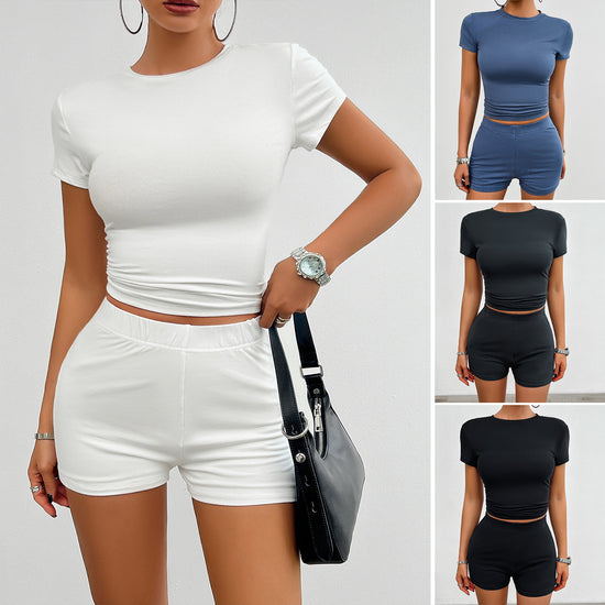 Solid Color Slim Sports Suit, Summer 2Pcs Women&