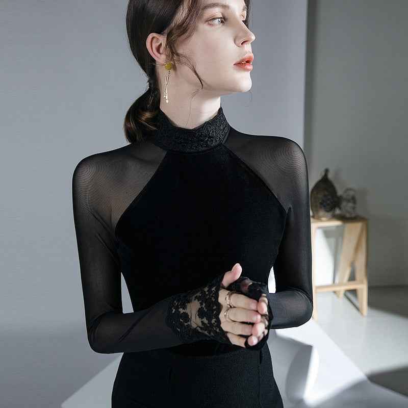 velvet long-sleeve undershirt
velvet innerwear shirt
velvet inner layer top
velvet heat layer top
velvet bottoming top
stitching black velvet shirt
black velvet undershirt
black velvet layering shirt
black velvet inner shirt
black velvet base layer shirt